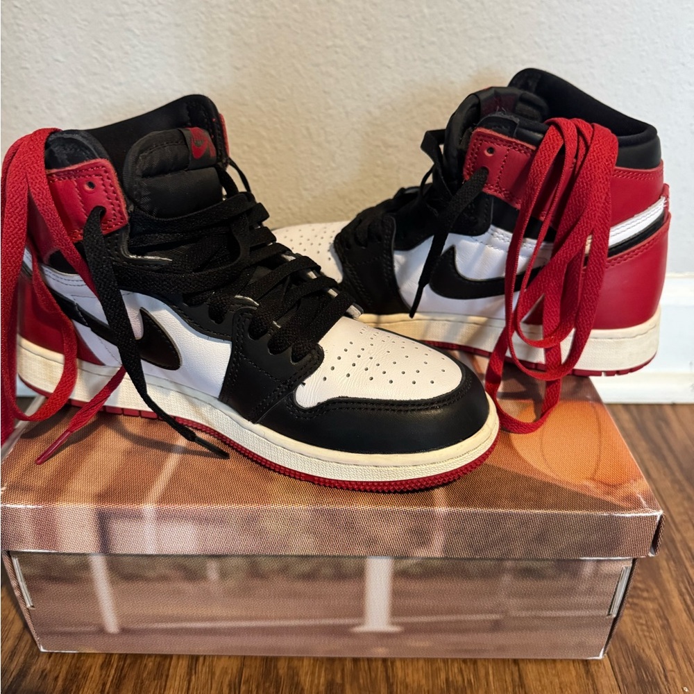 Jordan 1’s OG Black Toe Reimagined Kids Sneakers - Black, White, Red Highlights